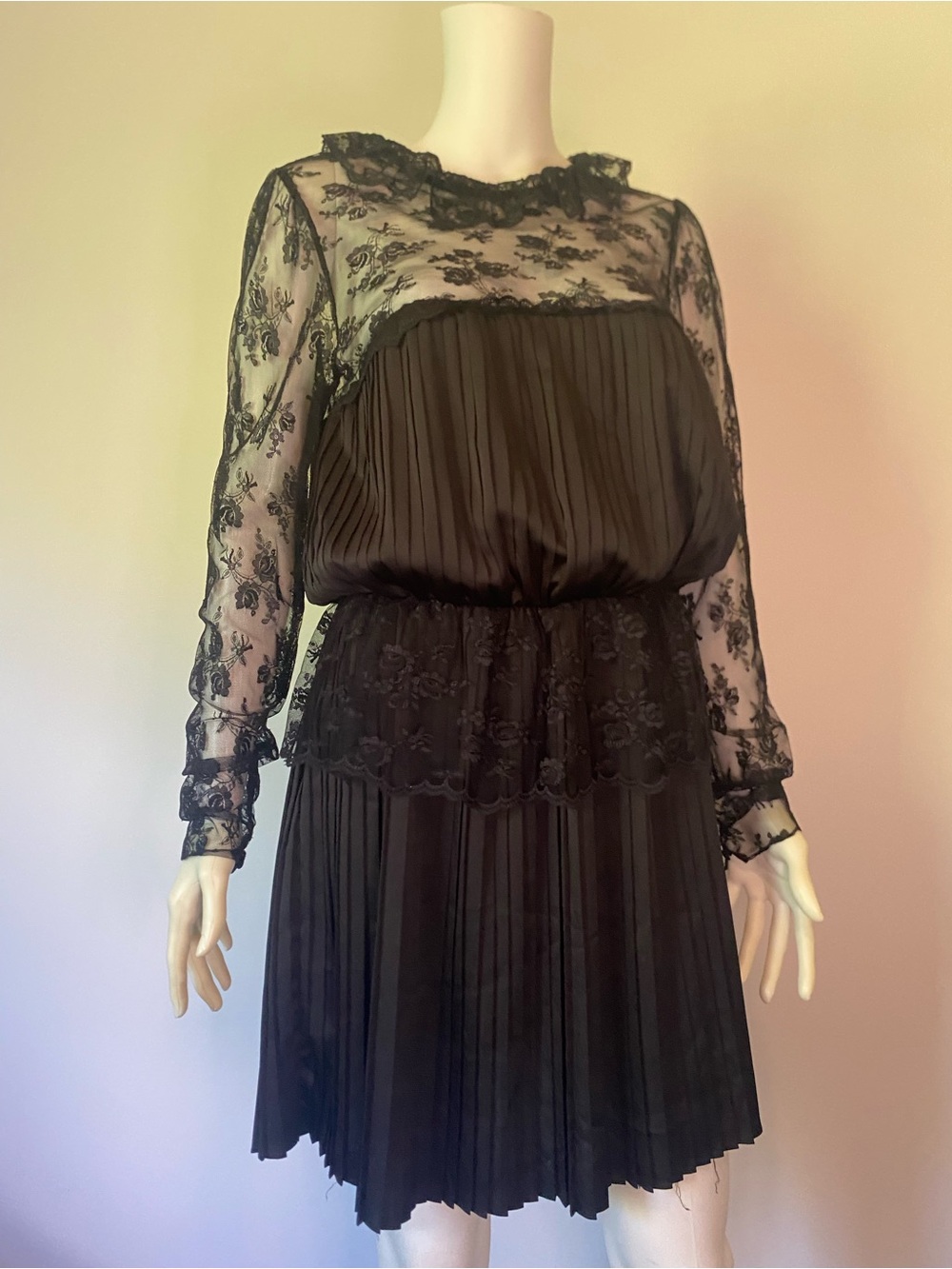 Free People Black Lace Pleated Midi Dress